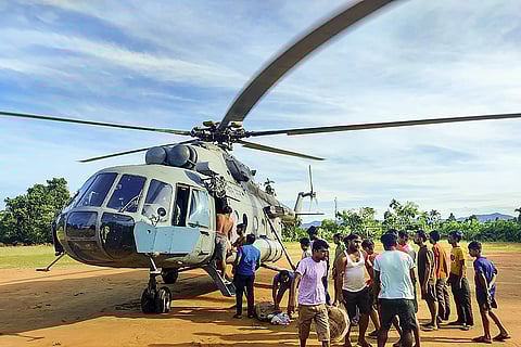 Tripura Floods: Food supplies being distributed through an Indian Air Force (IAF) helicopter